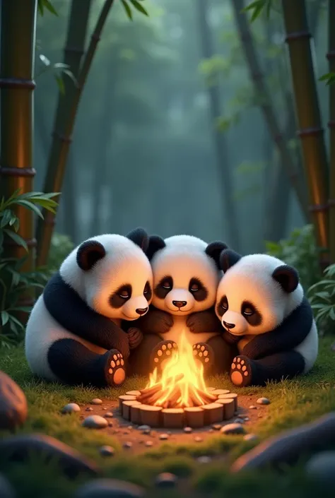 Three panda cubs are asleep by the side of a bonfire