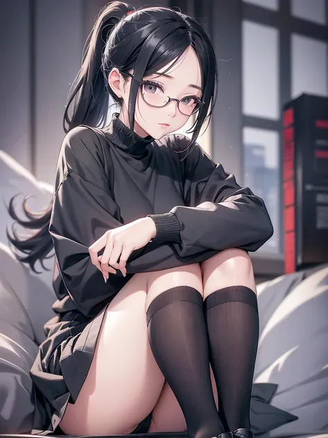 （21-year-old Korean woman sitting holding her knees:1.2）, Portrait, , Ponytail,Black knit, Black Miniskirt, black knee-high socks , Night Room , high res, on the body Be careful, pornographic images,18+,（s greatest masterpiece）,2k