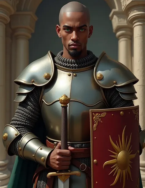  A realistic high quality digital art style portrait of a late teen, cute, slender but heavily muscled, pug nosed, angular faced  black male fighter in breast-plate armor. He has a very short length extended goatee beard, bright green eyes, and is bald and...