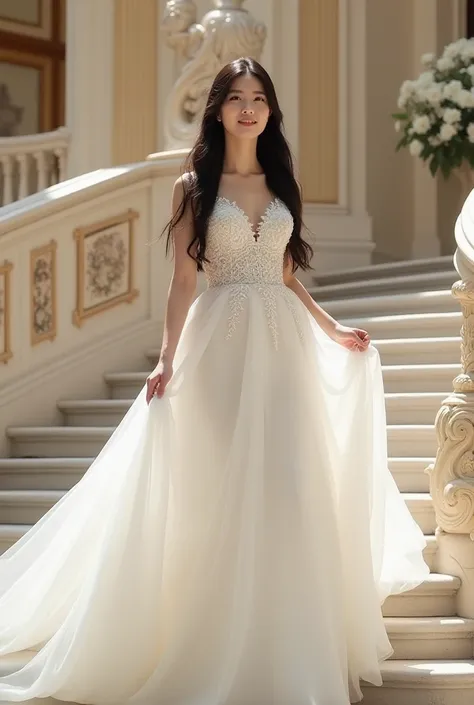 A beautiful young Korean woman with black straight long hair wearing a luxurious white wedding dress is walking on a front-facing staircase in a wedding building