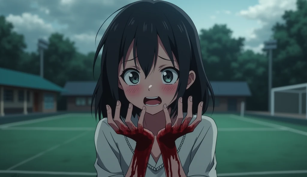 Anime, girl standing Staring at her blood stained andse has a very expressive shocked face, background is a blurred b school pitch