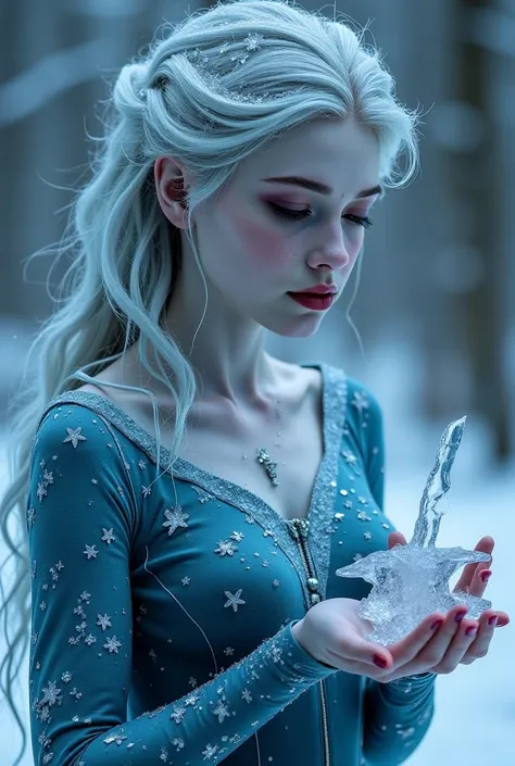  Frozen witch with a bird in hand turning to ice, icy skin, frosty hair, frozen dress, dark fantasy, high quality, cinematic, 32k
perfectly detailed face, perfectly detailed hands, a masterpiece from Cameron Gray