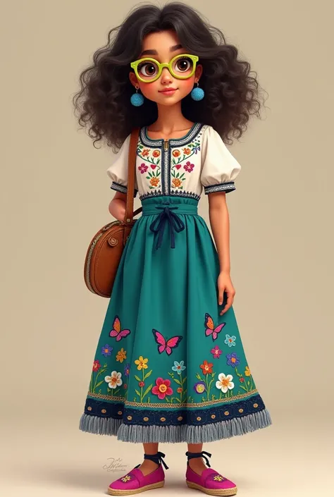 a Colombian teenage girl with thick, brown eyebrows, hazel eyes, dark brown voluminous chin-length type 3 curly hair, and round, lime green framed glasses. She also has blue pom-pom earrings. Mirabels clothing has a "do-it-yourself" aesthetic, representing...