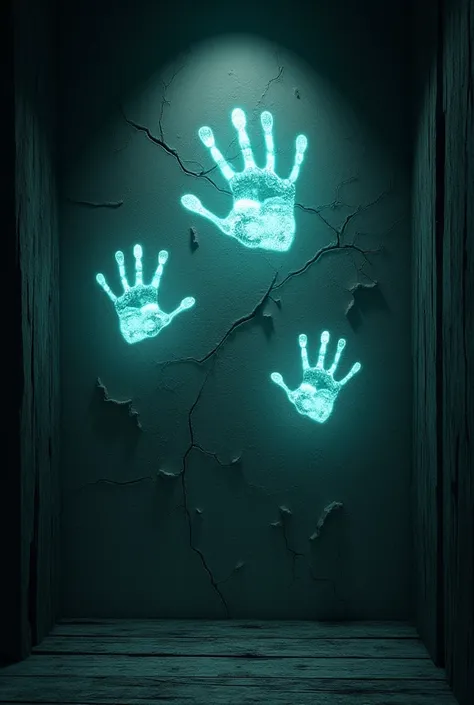 Generate a reference image of a cracked wall with glowing handprints forming across it. The room should be dimly lit with moonlight filtering through broken wooden slats