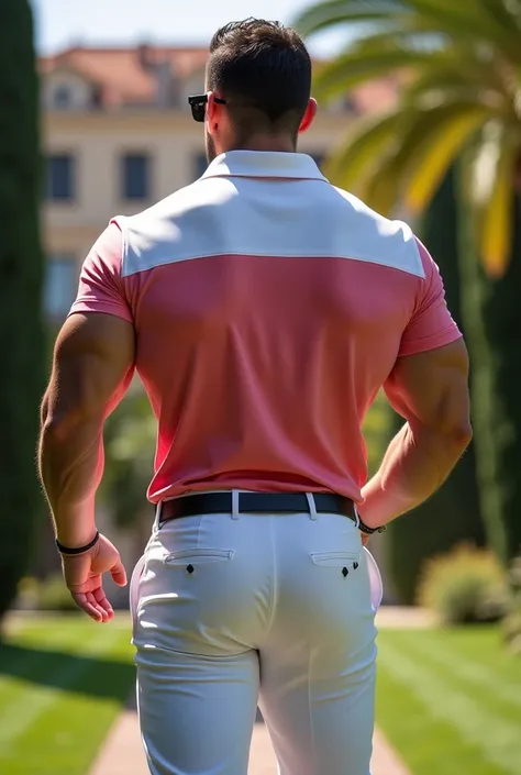 HD (backwards )handsome blanco man, hyperrealistic bodybuilder captivating eyes , perfect face , strong and muscular legs, large lump, in dress pants with two-tone polo shirts in various fun fabulous colors , in different poses in elegant garden of the Pal...