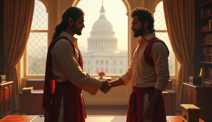 A moment of reconciliation inside the merchant’s office. Arjun, now more confident and composed, shakes hands with the merchant, who is apologizing with a sincere expression. The office is filled with light, and the atmosphere has changed from tense to war...