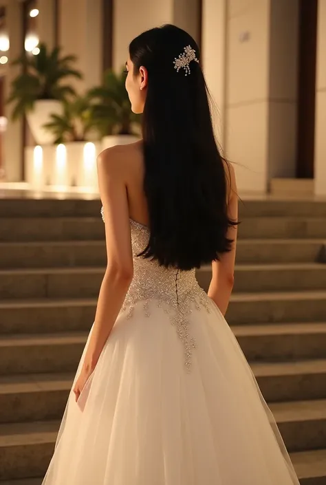 A beautiful young Korean woman with black straight long hair with fancy trimmings in her hair wearing a fancy white Hells party dress is walking down the front facing stairs in a wedding building at night