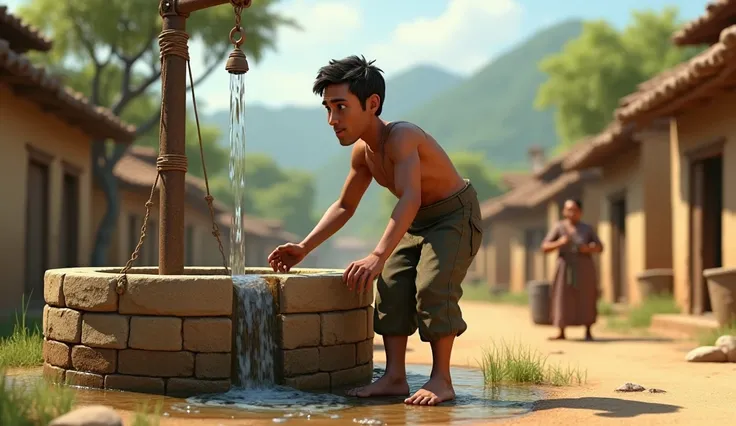 man collecting water from well in village 3d animation