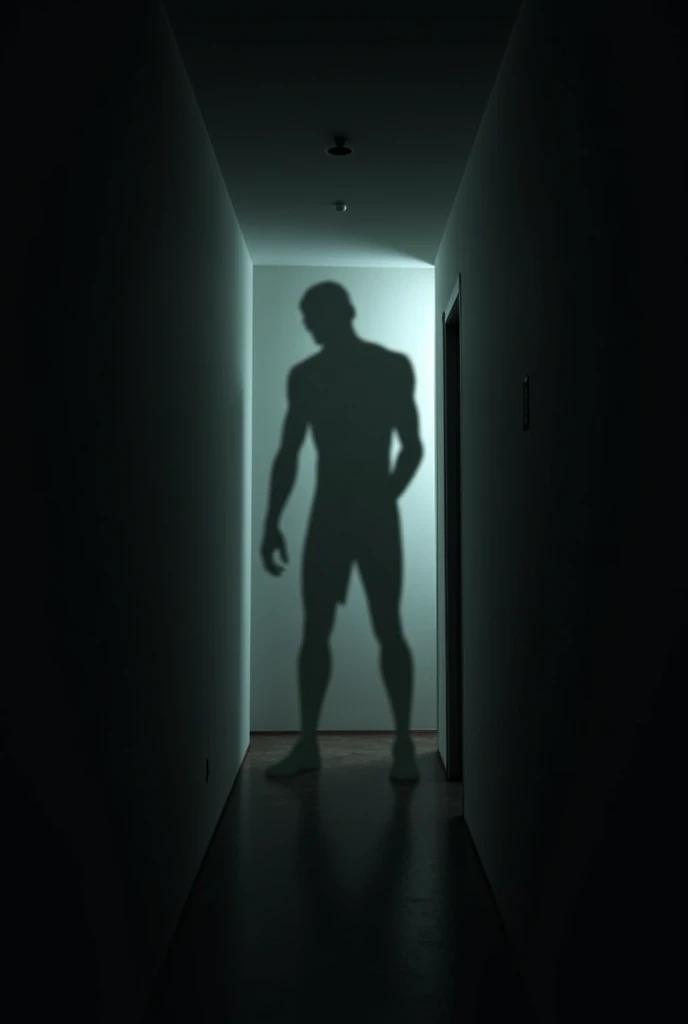 Generate a reference image of a dark hallway with a jagged humanoid shadow shifting across the wall. The hallway is dimly lit by faint, flickering light from an unknown source