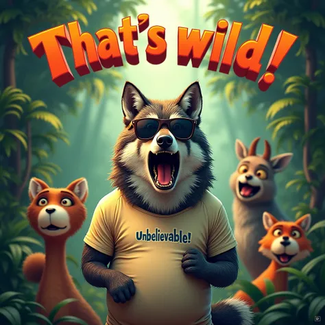  That’s wild!
"The wolf’s face is frozen in exaggerated surprise, its mouth open wide as it clutches its enormous belly. It’s wearing comically oversized sunglasses and a T-shirt that says Unbelievable! in small print. The background features a jungle with...