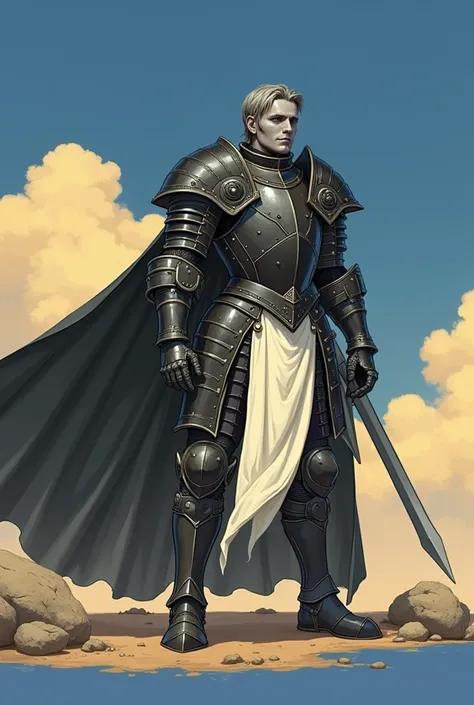 
" A very realistic full-body illustration of a young gentleman completely covered in shiny and detailed black armor,  with a robust and complex design . without helmet, a pale gray face , hair and lice in gray and white .  The armor has visible rivets ,  ...