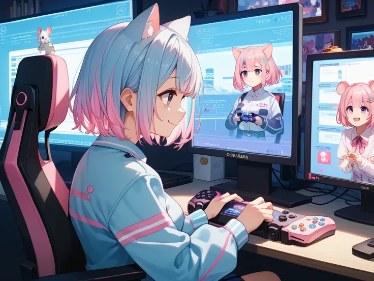 おしょうがつ　あいさつ　Playing a game、 1 girl in uniform, ((( pink and light blue))) (( striped hair)), Highlight Hair , masterpiece, purple eyes,, smile, cat ears, , sitting, (( gaming PC display)), short hair, , Foodie, viewers , chair, mechanical, monitor, , indoo...