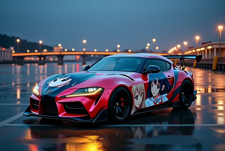 ( top quality , 4K, 8k,  high res, masterpiece:1.2),  super detailed , (Genuine,  Photorealistic,  Photorealistic:1.37), landscape, Wide angle,Dramatic lighting, Warm tones,  sports car with anime characters on the so-called Japanese  &Quotes;itasha&Quotes...