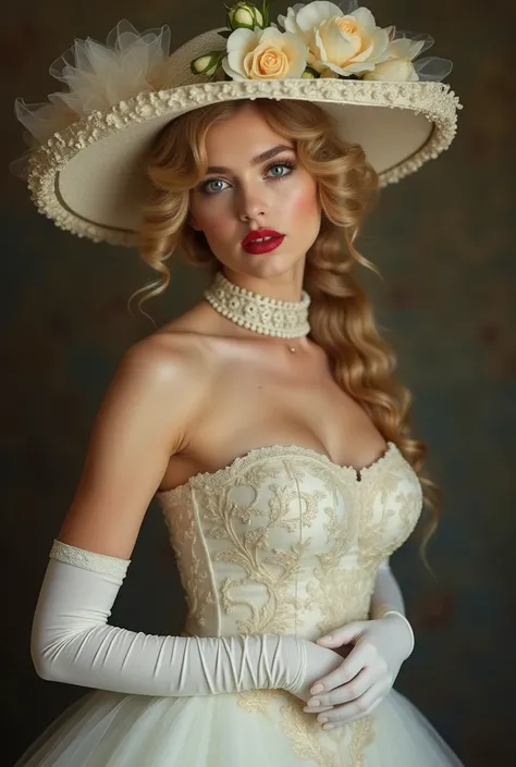 An erotic curvaceous 15yo blonde Gibson Girl with a long updo, big blue eyes, pouty red lips, beauty mark, strapless white dress, long opera gloves, large wide-brimmed hat with flowers, choker necklace, large tits, 9in waist, bubble butt, at an elegant bal...