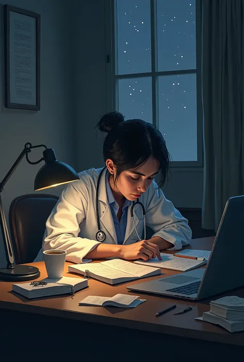 A sad medical student who is working hard for exam on new year night