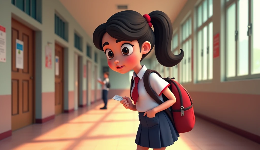 Setting: A quiet school corridor near the classroom, where students are getting ready for their exam. The environment is calm but with a slight tension, indicating the seriousness of the upcoming test.

Ayesha:

Ayesha is dressed in her school uniform, hol...