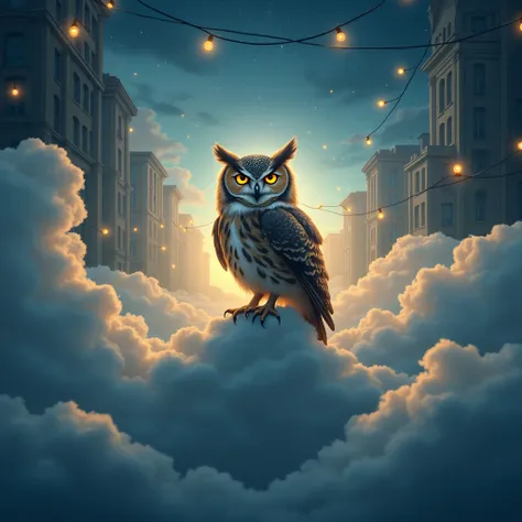  one owl、 New Years Light 、sea of clouds、Blessing atmosphere 、 Art Nouveau painting style、 European cityscape