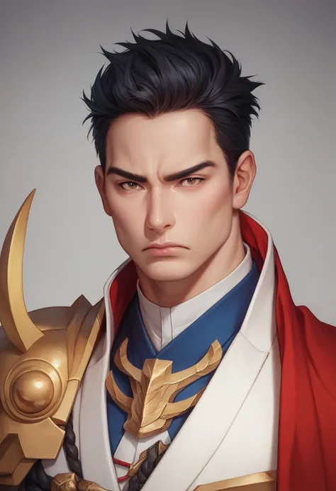 A photorealistic portrait of Oda Nobunaga, legendary Japanese daimyo from the Sengoku period. Mid 40s male with sharp features, stern expression, and commanding presence. Wearing ornate black and gold samurai armor with his signature red cape. Clean-shaven...