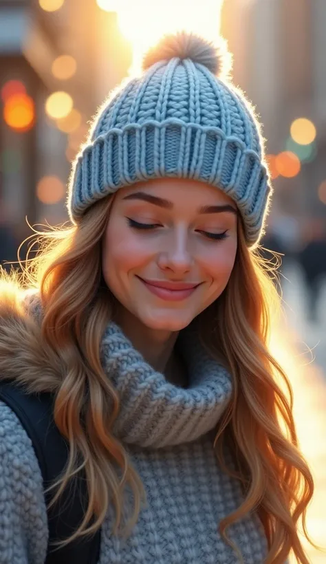 An impressionist-style digital painting captures a young woman in a moment of peaceful joy. She wears a light blue knitted beanie with intricate yarn patterns and a cozy gray sweater adorned with soft faux fur trim. Her golden-brown hair falls in gentle wa...