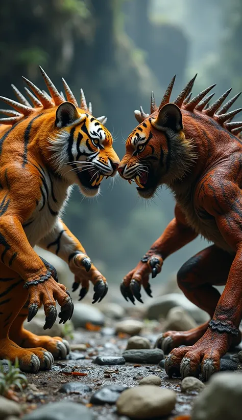 A teen hybrid of Tasmanian Devil, Scorpionfish, and Tiger facing each other in a dramatic setting. The hybrid creatures combine the agility and fierceness of a tiger, the spiked, venomous characteristics of the scorpionfish, and the chaotic energy of the T...