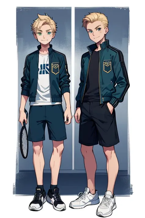 male, dirty blonde hair, green eyes, (((1boy))), (((dark blue jacket))), (black long shorts), (white t-shirt), (black and white tennis shoes), young, smiling