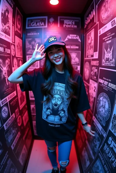 A full-body photograph taken from a top view using a convex fish-eye lens features a Korean woman posing in a box-shaped room with long, wavy hair. She is wearing a baseball cap with the DC logo and an oversized black graphic T-shirt with a metal theme. Th...