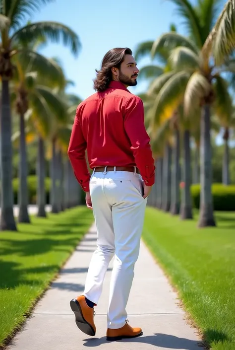 A realistic image of a handsome Latin man with a beautiful face and a fit, well-proportioned body, with fair and rosy skin. He has a light beard and long, well-groomed hair. He is wearing white trousers, a red shirt, a belt, and elegant shoes. He stands in...