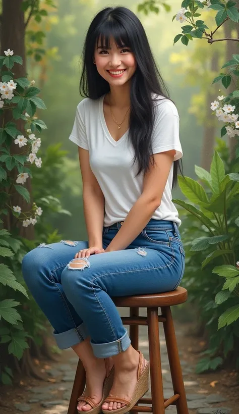 Beautiful european woman, black straight hair, bangs, detailed face, smile, white t-shirt, denin jeans trousers, low platform high heels wedges, jewelry, sitting on a high stool in garden, realistic art style in acrylic