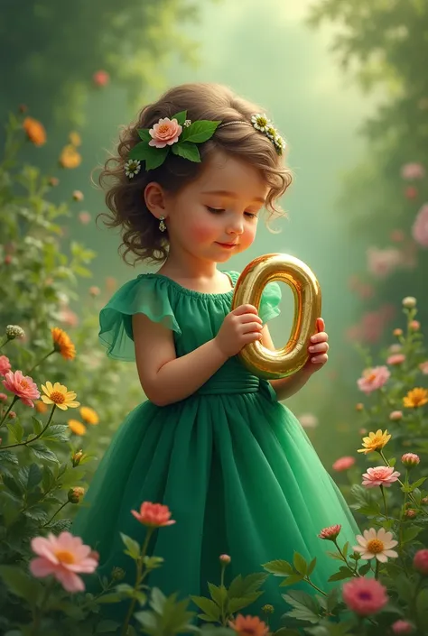 A baby girl in a green colour dress is holding a beautiful no  0 in her hand in the garden