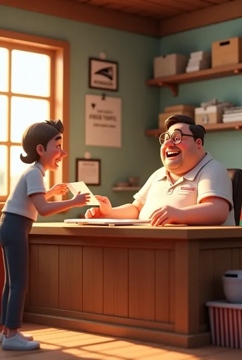 "A 3D illustration set in a small rural post office, featuring a post office clerk handing over a letter to a cheerful, overweight postmaster. The postmaster is sitting at a wooden desk, wearing a simple white shirt and glasses, with a big smile on his fac...