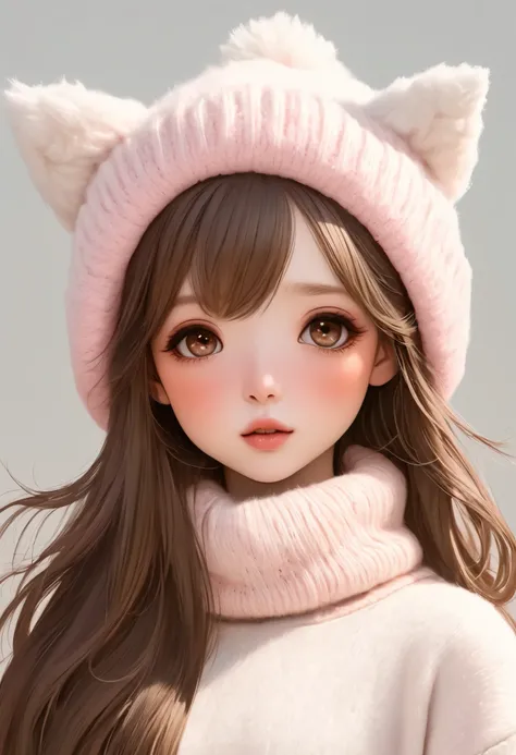 Girl, long straight brown hair, brown eyes, sharp features, white skin, light pink lips, perfect, wearing winter clothes.