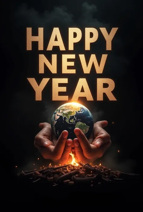 A black-themed Happy New Year 2025 poster with a motivational and reflective tone. The text Happy New Year 2025 glows in bold white letters against the dark background. The design incorporates major events from 2024: (1) symbols of global unity, such as ha...