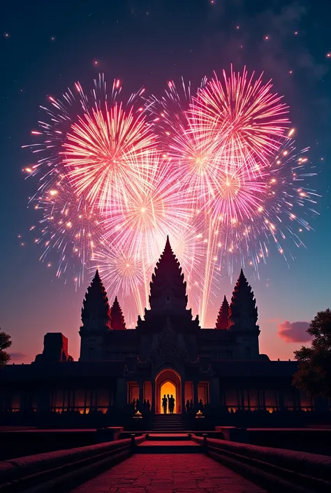 Make pic Angkor wat temple and Fireworks light in background And text Happy New year 2025 ON SKY and text HAYDAY 