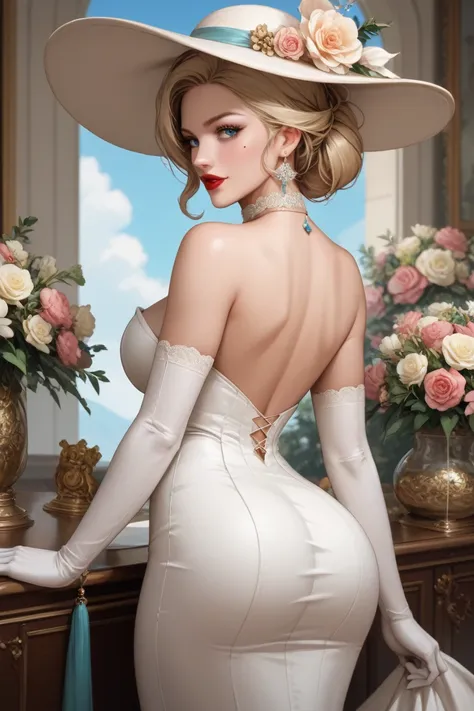 An erotic curvaceous 15yo blonde Gibson Girl with a long updo, big blue eyes, pouty red lips, beauty mark, strapless white dress, long opera gloves, large wide-brimmed hat with flowers, choker necklace, large tits, 9in waist, bubble butt, at an elegant bal...