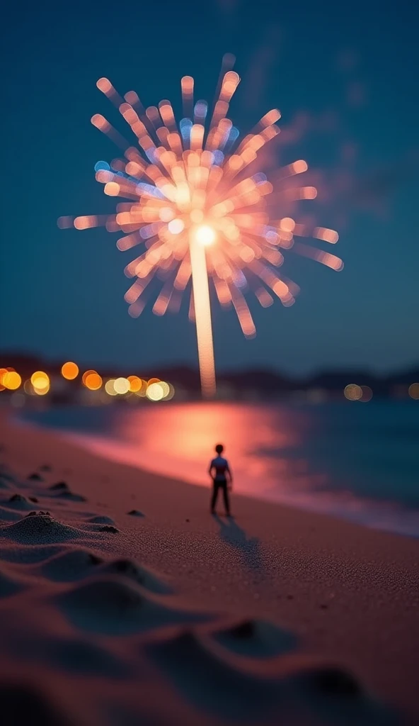 smallest New Years Eve fireworks display ever at Voutoumi Beach, Greece, tilt shift, analogue photo, faded, low contrast