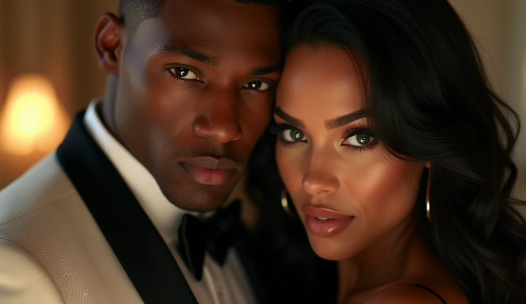 Stunning medium shot photograph of an African American couple 1 handsome black man with short fade haircut luxury black camsa, 1 beautiful Latin woman with dark skin chocolate color eyes looking at viewer emerald green color, seductive body 95-60-100 balan...