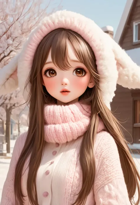 Girl, long straight brown hair, brown eyes, sharp features, white skin, light pink lips, perfect, wearing winter clothes.