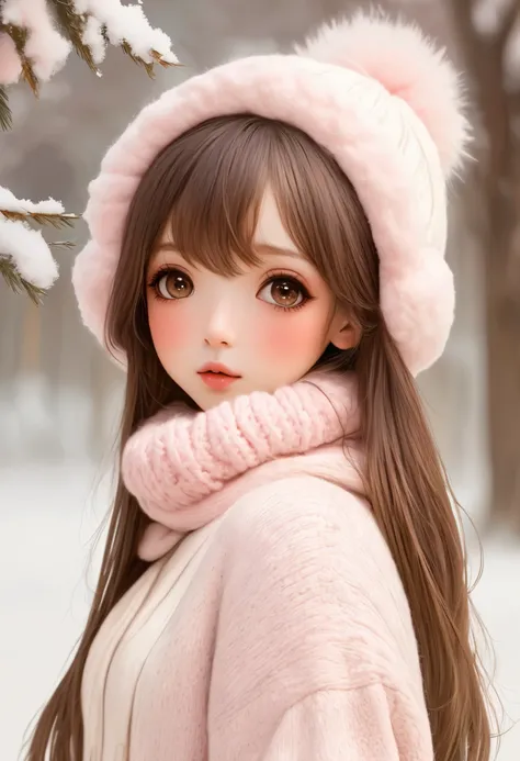 Girl, long straight brown hair, brown eyes, sharp features, white skin, light pink lips, perfect, wearing winter clothes.