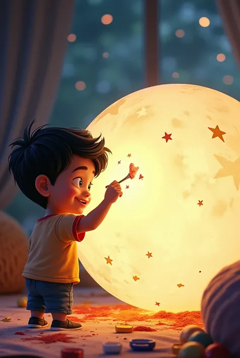 Raju with a big white balloon, decorating it to look like the moon. He has paint and star-like decorations around him, with a happy and excited expression.
