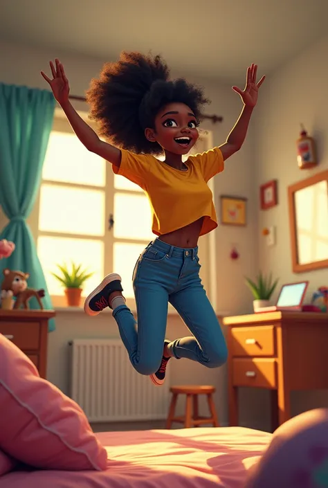 A Nigerian teen girl jumps in excitement holding her phone in her bedroom 