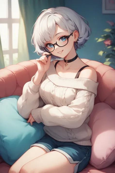 A cute anime girl with short silver hair that transitions into a blue gradient at the tips and beautiful blue eyes, wearing glasses. She has a black choker around her neck and simple silver earrings. She is dressed in an adorable and cozy loungewear outfit...