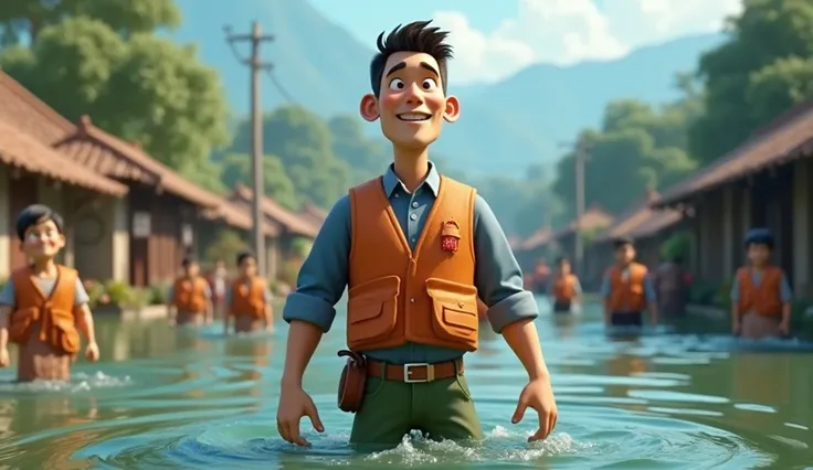 Man who likes people due to flood in village 3d animation