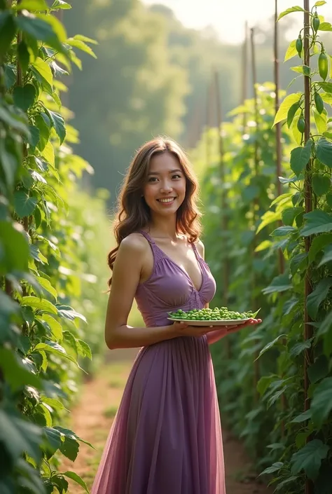 The woman stands gracefully amidst the lush green bean garden, a picture of natural beauty. Her fair complexion is radiant and smooth, glowing softly under the gentle sunlight. Her light brown hair, cascading in soft waves, frames her cute face, enhancing ...