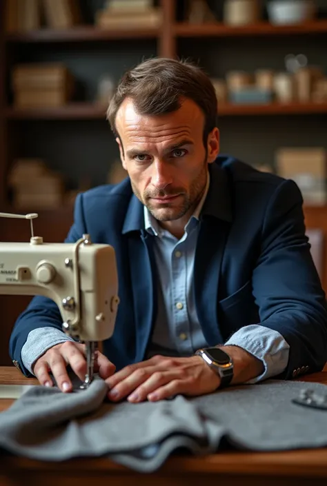 Emmanuel macron en train de coudre une veste