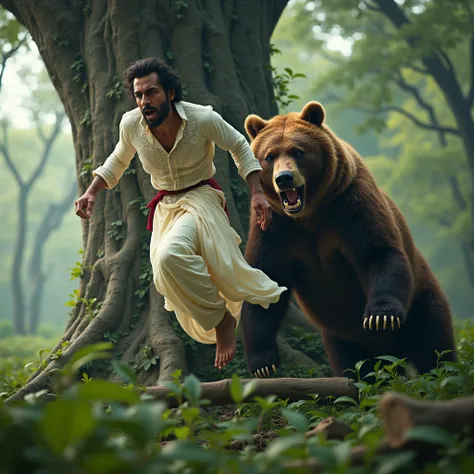 A very clear ultra hd dynamic image of "Ram, dressed in his white kurta-pajama, climbs a tall tree swiftly, his face showing fear and urgency. The bear is approaching below, while Shyam is still on the ground, looking vulnerable."
