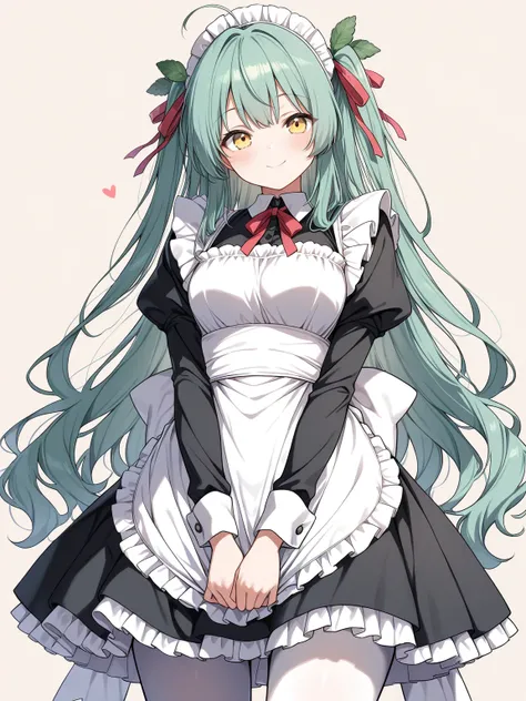 ((masterpiece, best quality)), 1girl, mint hair, long hair, yellow eyes, fluffy, (maid, frills), white pantyhose, hair ribbon, smile, looking at viewer, cowboy shot, no cropping, simple background, 