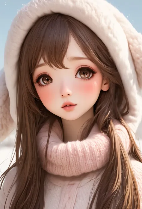 Girl, long straight brown hair, brown eyes, sharp features, white skin, light pink lips, perfect, wearing winter clothes.