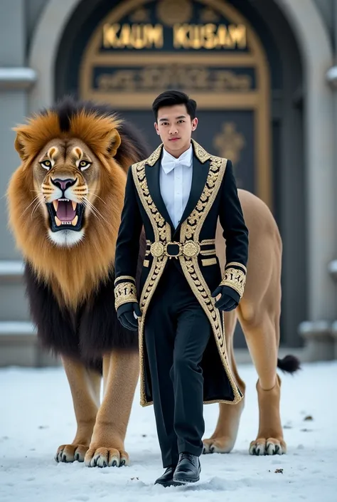  Hyper realistic image of a 20-year-old Indonesian hero, full body shot ,  mans face is very clear ,  face facing the camera,  scene featuring a large lion roaring angrily ,  Lion must walk with man ,  wearing a black and white tuxedo, wearing a gold-color...