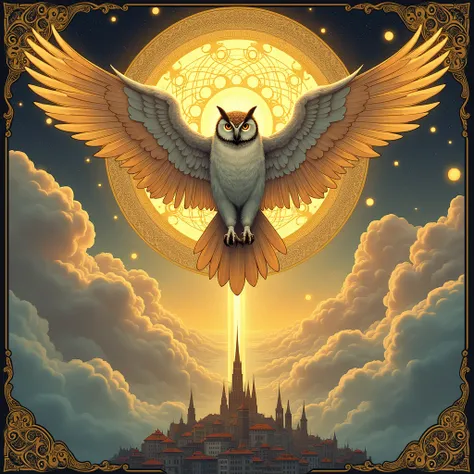 A mystical Art Nouveau illustration of a majestic owl perched amid swirling, ornamental clouds at dawn. Golden rays of divine morning light pierce through the clouds in decorative patterns. The owls feathers blend into flowing, organic Art Nouveau curves a...