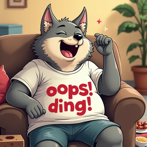 . Just ding!
"The chubby wolf is slouched on a couch, covering its mouth with one paw as it laughs loudly, its eyes closed in amusement. Its oversized T-shirt says Oops! in bold letters. The background shows a messy living room with cushions and snacks sca...